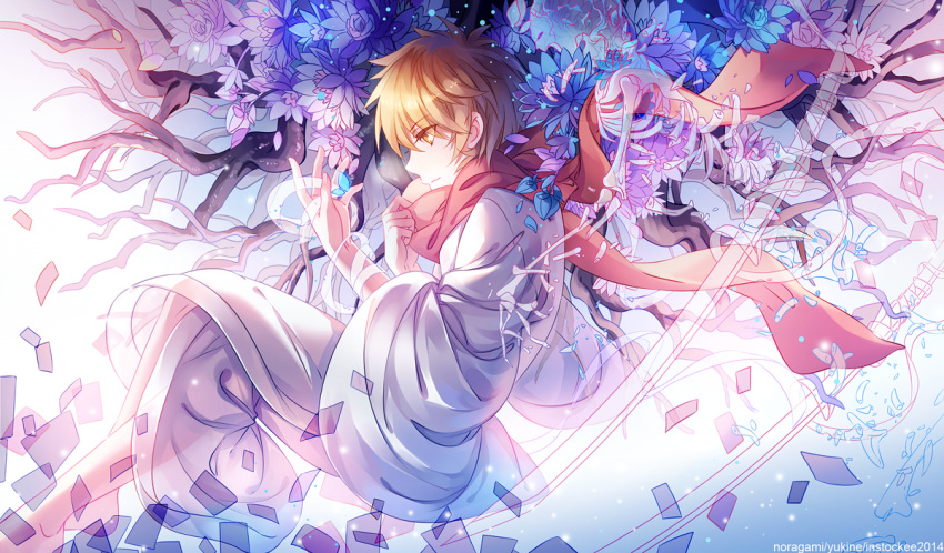 1boy 1girl bug butterfly cherry_blossoms instocklee katana non-web_source noragami pink_scarf robe scarf solo sword weapon yukine_(noragami)