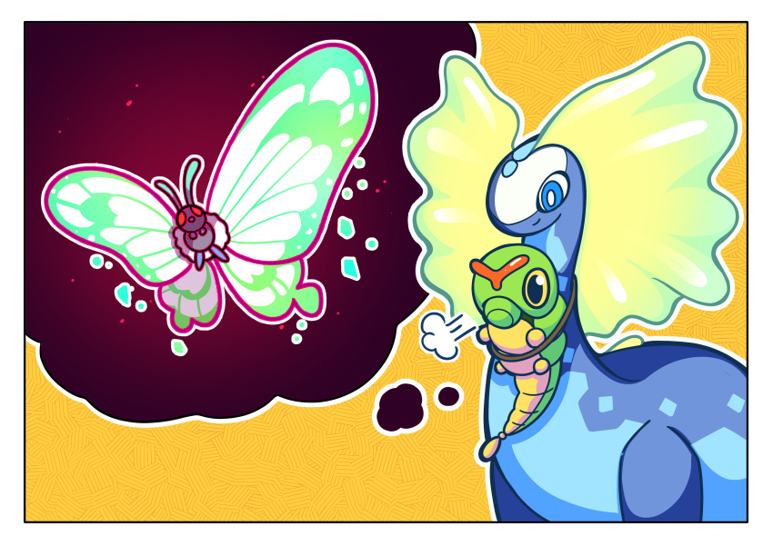 =3 absurdres aurorus border butterfree caterpie fukidashi_cotton gigantamax gigantamax_butterfree highres imagining imitating no_humans outline pokemon pokemon_(creature) smile thought_bubble white_border