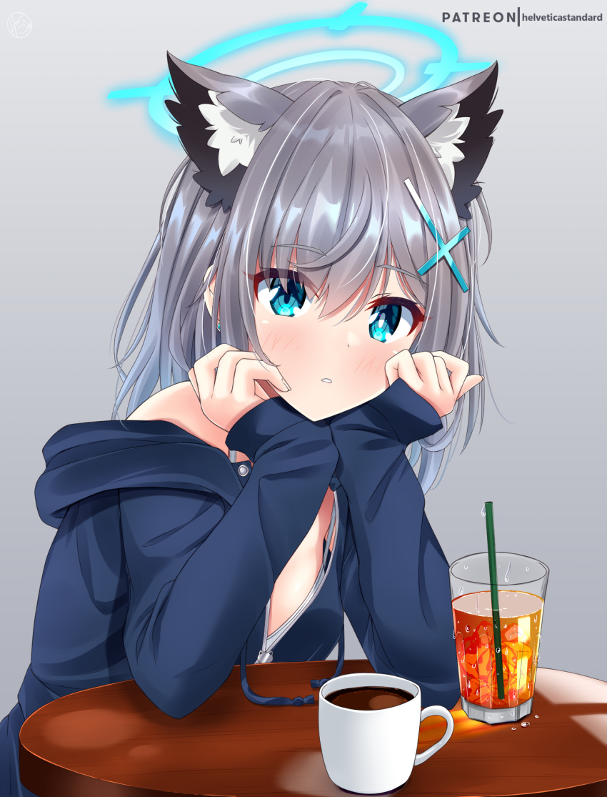 1girl alternate_costume animal_ears arm_support bangs blue_archive blue_eyes coffee coffee_mug commentary_request cross_hair_ornament cup drinking_glass drinking_straw grey_hair hair_between_eyes hair_ornament halo head_rest helvetica_std highres hood hooded_jacket ice ice_cube iced_tea jacket long_sleeves looking_at_viewer mismatched_pupils mug parted_lips shiroko_(blue_archive) short_hair sidelocks simple_background solo spaghetti_strap table wolf_ears wolf_girl
