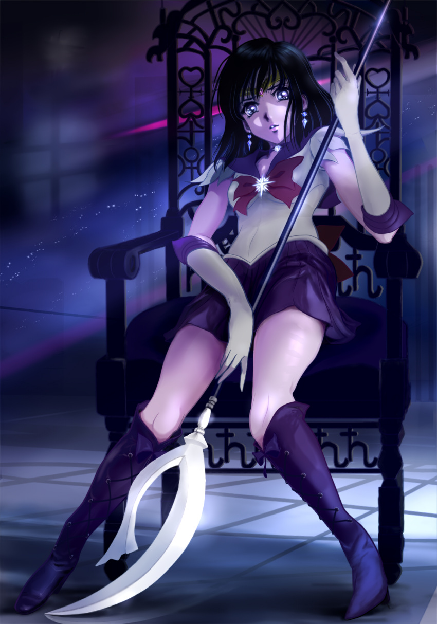 back_bow bangs bishoujo_senshi_sailor_moon black_hair blunt_bangs boots bow bowtie brooch chair choker circlet cross-laced_footwear earrings elbow_gloves gem gloves high_heel_boots high_heels highres jewelry mai_(b9035796) miniskirt pleated_skirt purple_bow purple_bowtie purple_choker purple_eyes purple_footwear purple_gemstone purple_sailor_collar purple_skirt sailor_collar sailor_saturn saturn_symbol shirt short_hair short_sleeves silence_glaive sitting skirt star_(symbol) star_choker star_ornament tomoe_hotaru white_gloves white_shirt