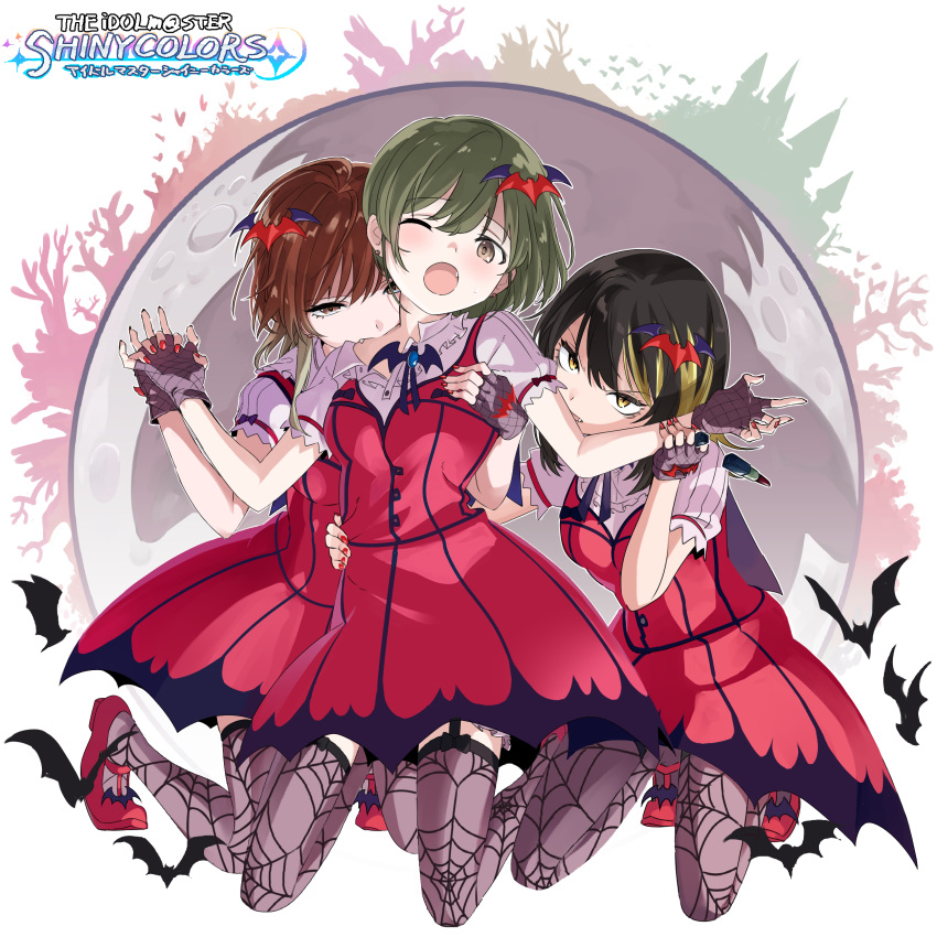 3girls ;o absurdres ahoge aketa_mikoto arm_around_waist bat_(animal) bat_hair_ornament biting black_hair blonde_hair brown_eyes brown_hair copyright_name dress earrings fang fangs fingerless_gloves full_moon garter_straps girl_sandwich gloves green_hair hair_ornament hairband hand_on_another's_chest highres holding_another's_wrist holding_hands idolmaster idolmaster_shiny_colors ikaruga_luca interlocked_fingers inuhadaka jewelry kneeling long_hair looking_at_viewer medium_hair moon multicolored_hair multiple_girls my_dear_vampire_(idolmaster) nail_polish nanakusa_nichika neck_biting necklace one_eye_closed open_mouth parody ponytail print_legwear puffy_sleeves red_dress red_footwear red_nails sandwiched shhis_(idolmaster) shoes short_dress short_hair spider_web_print sweat thighhighs vampire wince yellow_eyes