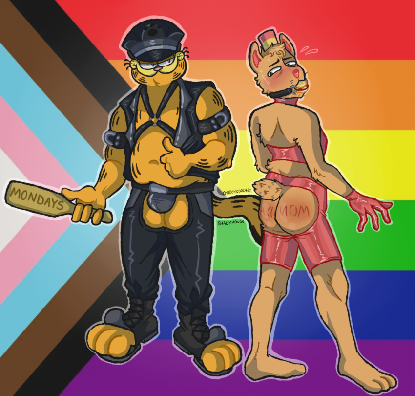 anthro ball_gag blush bodily_fluids burgerpants clothing dominant duo felid fur gag gagged garfield_(series) garfield_the_cat gloves handwear hi_res humor kink kink_gear latex latex_gloves leather leather_clothing leather_daddy lgbt_pride male male/male mammal orange_body orange_fur paddle pride_color_flag pride_colors rubber rubber_clothing rubber_suit shadyhouse spanking_butt spanking_paddle submissive sweat undertale_(series)