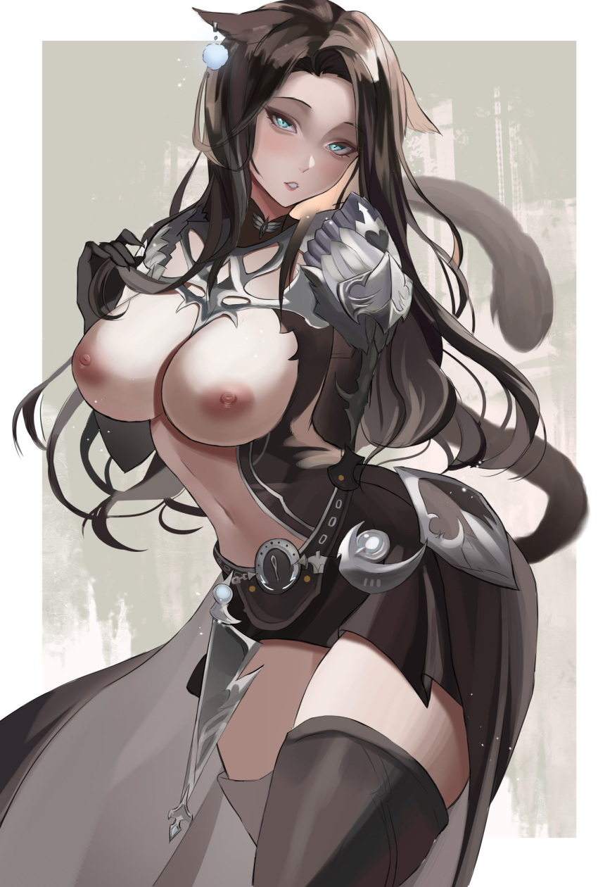 1girl animal_ears armor avatar_(ff14) black_dress black_gloves black_hair black_tail black_thighhighs blue_eyes border breasts breasts_out cat_ears cat_girl cat_tail cleavage commentary covered_eyes cowboy_shot dress earrings elbow_gloves english_commentary faulds final_fantasy final_fantasy_xiv gloves highres jewelry large_breasts long_hair looking_at_viewer meowrim0 miqo'te navel nipples outside_border parted_lips shoulder_armor silver_trim solo tail teeth thighhighs white_border