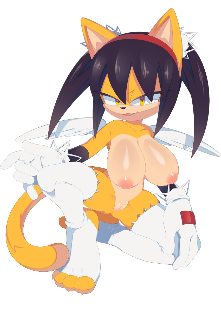 1girl :3 animal_ears animal_feet animal_nose bangs black_hair body_fur breasts cat_ears cat_girl cat_tail claws collarbone commentary commission english_commentary fang feathered_wings furry furry_female gloves hairband half-closed_eyes happy highres honey_the_cat huge_breasts layered_gloves looking_at_viewer medium_hair nipples nude open_mouth pussy r18_(7mii) red_hairband shiny shiny_hair sidelocks simple_background skindentation smile solo sonic_(series) spread_legs stirrup_legwear tail thighhighs toeless_legwear twintails two-tone_fur uncensored v-shaped_eyebrows white_background white_gloves white_thighhighs white_wings wings yellow_eyes yellow_fur