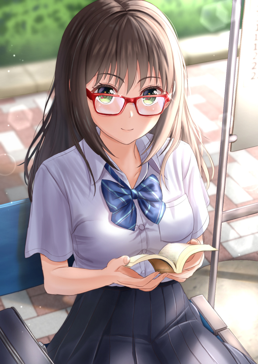 1girl akiyama0818 bag bangs bench blue_bow blue_bowtie blue_skirt blurry bokeh book bow bowtie breasts brown_hair collared_shirt day depth_of_field from_above glasses gradient_eyes green_eyes highres holding holding_book large_breasts long_hair looking_at_viewer looking_over_eyewear multicolored_eyes open_book open_collar original pavement pleated_skirt red-framed_eyewear school_bag school_uniform shirt short_sleeves sign sitting skirt solo striped striped_bow striped_bowtie sunlight white_shirt