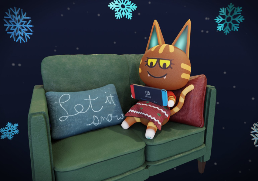 3d_(artwork) animal_crossing anthro brown_body clothed clothing digital_media_(artwork) domestic_cat fangs felid feline felis female fur furniture gaming katt_(animal_crossing) mammal nintendo nintendo_switch pillow playing_videogame simple_background smile snowflake sofa solo syntactic_cherry video_games