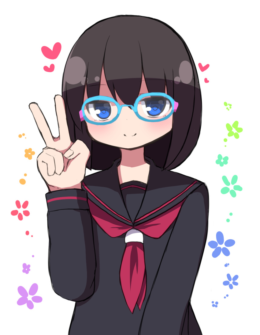 1girl bangs black_hair black_sailor_collar black_shirt blue-framed_eyewear blue_eyes blush closed_mouth glasses hair_between_eyes hand_up heart highres long_sleeves looking_at_viewer neckerchief original red_neckerchief rensei sailor_collar school_uniform serafuku shirt simple_background smile solo v white_background