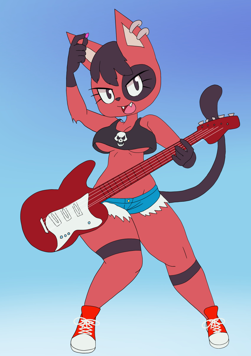 absurd_res animal_crossing anthro black_clothing black_hair black_shirt black_topwear bone bottomwear breasts cherry_(animal_crossing) clothed clothing crop_top cutoffs deliveryboi denim denim_clothing digital_media_(artwork) domestic_cat electric_guitar fangs felid feline felis female fur guitar guitar_pick hair hi_res hybrid katt_(animal_crossing) kerry looking_at_viewer mammal musical_instrument nintendo nojimmyplz piercing plucked_string_instrument red_body red_fur shirt shorts simple_background skull smile solo string_instrument topwear video_games