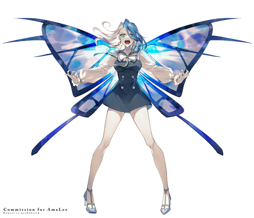 1girl angry bare_legs blue_eyes blue_hair blue_nails breasts butterfly_wings commission dress earrings floating_hair full_body gold_earrings high_heels indie_virtual_youtuber jewelry large_wings legs_apart long_sleeves looking_at_viewer medium_breasts monarch_(amalee) multicolored_hair neck_ribbon open_mouth outstretched_arms puffy_sleeves ribbon short_dress simple_background solo split-color_hair standing thighs two-tone_hair v-shaped_eyebrows watermark white_background white_hair wings yu_pa_u