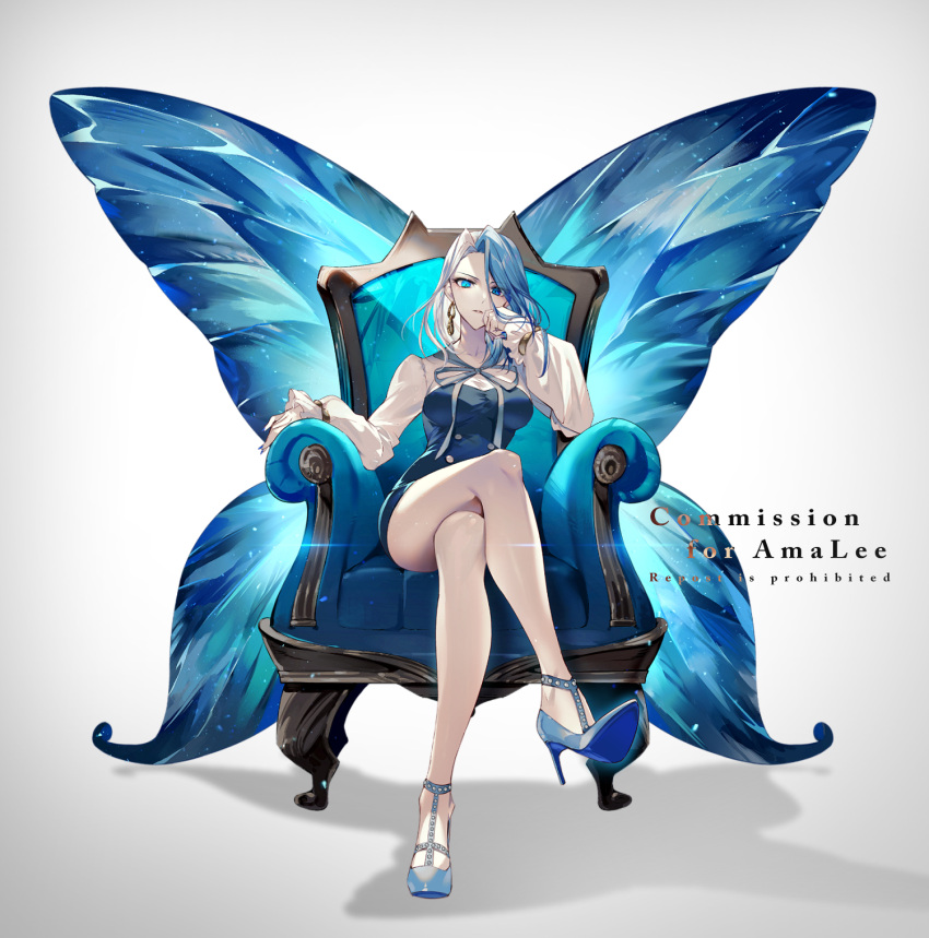 1girl armchair bare_legs blue_eyes blue_hair blue_nails breasts butterfly_wings chair commission dress earrings elbow_rest full_body gold_earrings head_rest high_heels highres indie_virtual_youtuber jewelry large_breasts large_wings long_sleeves looking_at_viewer monarch_(amalee) multicolored_hair neck_ribbon parted_lips puffy_sleeves ribbon short_dress sitting solo split-color_hair thighs two-tone_hair v-shaped_eyebrows watermark white_hair wings yu_pa_u