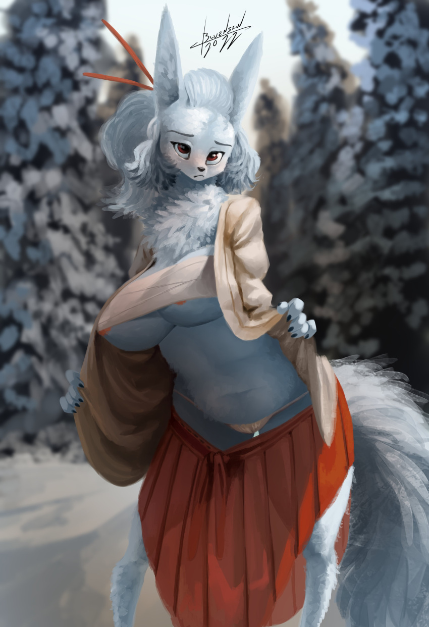 2022 5_fingers absurd_res anthro areola areola_slip artist_name asian_clothing belly big_breasts blulesnsfw bottomwear breasts canid canine chest_tuft chest_wraps chopsticks chopsticks_in_hair claws clothing digital_media_(artwork) female fingers fox frown fur hair hi_res looking_at_viewer mammal mature_anthro mature_female navel outside plant red_bottomwear red_clothing red_eyes red_skirt signature skirt sky slightly_chubby snow solo standing string_panties topwear tuft underwear undressing white_body white_fur white_hair wide_hips wraps