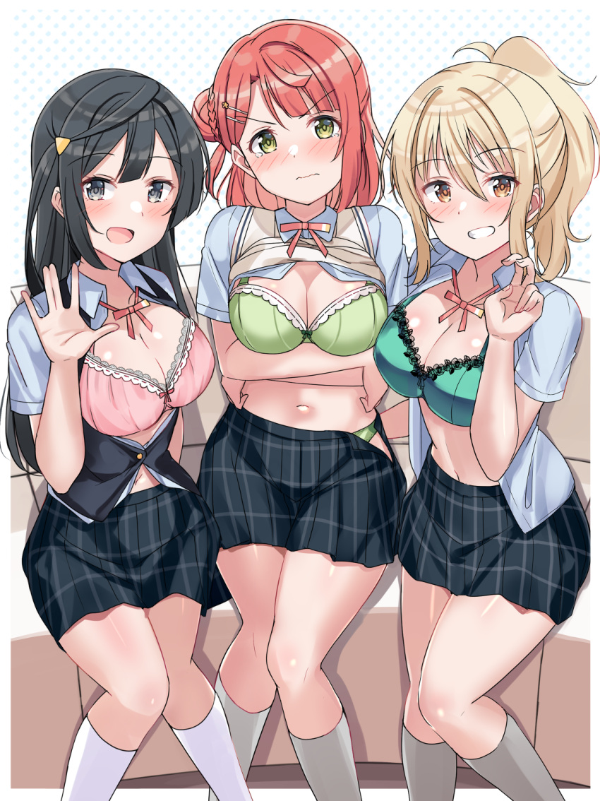 3girls arms_under_breasts black_hair blonde_hair blush bow bow_bra bra breasts brown_eyes cleavage clothes_lift crossed_arms dithered_background feet_out_of_frame green_eyes grey_eyes grin hair_between_eyes hair_bun highres kneehighs lace_trim large_breasts long_hair love_live! love_live!_nijigasaki_high_school_idol_club medium_breasts miniskirt miyashita_ai multiple_girls navel neck_ribbon open_clothes open_shirt panties panty_peek pink_hair plaid plaid_skirt ribbon school_uniform shiitake_taishi shirt_lift sitting skirt smile socks tearing_up uehara_ayumu underwear waving yuuki_setsuna_(love_live!)