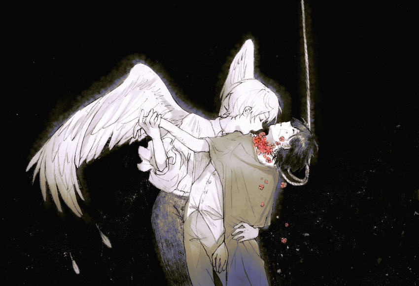 2boys angel black_background black_hair cape chun_baii closed_eyes cowboy_shot death eyelashes facing_another facing_down facing_up feathered_wings flower grey_pants highres imminent_bite imminent_kiss leaning_back leaning_forward light_particles male_focus multiple_boys noose open_mouth original pants partially_colored profile red_flower rope shirt shirt_tucked_in spot_color standing symbolism untucked_shirt white_hair white_wings wings