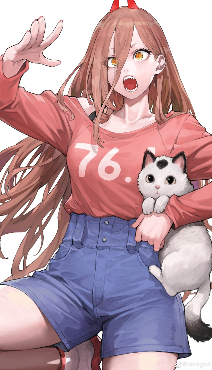 1girl :o absurdres blue_shorts breasts carrying casual cat chainsaw_man hair_between_eyes hand_up highres horns jun_(seojh1029) long_hair long_sleeves looking_at_viewer meowy_(chainsaw_man) oni_horns open_mouth orange_hair power_(chainsaw_man) sharp_teeth shorts simple_background teeth weibo_logo weibo_username white_background yellow_eyes