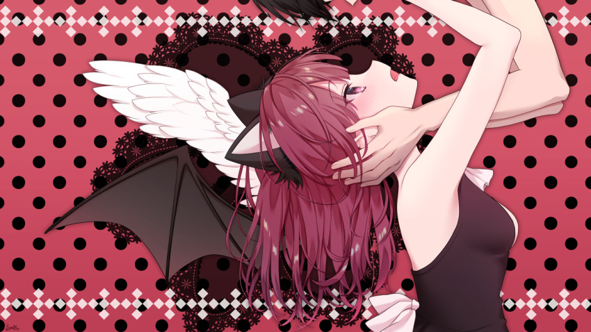 1girl angel_wings animal_ears arms_up ascot asymmetrical_wings back_bow bangs blush bow cat_ears demon_wings facing_up hands_on_another's_cheeks hands_on_another's_face heart indie_virtual_youtuber lace long_hair looking_up nanase_(ribonshitoron) open_mouth pink_eyes polka_dot polka_dot_background profile reaching red_hair romeo_to_cinderella_(vocaloid) setsuna_hadena sleeveless solo_focus virtual_youtuber wings