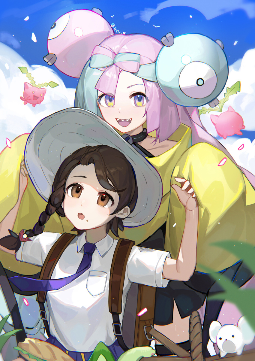 2girls :d :o absurdres ayu_(ayuyu0924) backpack bag bangs basket braid brown_bag brown_eyes brown_hair character_hair_ornament cloud collared_shirt commentary day eyelashes food food_on_face grey_headwear hair_ornament hat highres hoppip iono_(pokemon) jacket looking_at_viewer multicolored_hair multiple_girls necktie open_mouth outdoors pink_hair pokemon pokemon_(creature) pokemon_(game) pokemon_sv purple_necktie sandwich sharp_teeth shirt short_sleeves sky smile sprigatito tandemaus teeth tongue two-tone_hair upper_teeth yellow_jacket