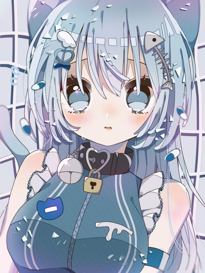 1girl absurdres animal_ears arm_garter bangs bell blue_eyes blue_hair blush breasts cat_ears cat_girl cat_tail collar crying fish_hair_ornament fish_skeleton hair_ornament hairclip heart heart_hair_ornament heart_o-ring highres large_breasts lock long_hair nagihoko name_tag neck_bell o-ring_collar original parted_lips pill sleeveless solo tail tears wing_hair_ornament zipper