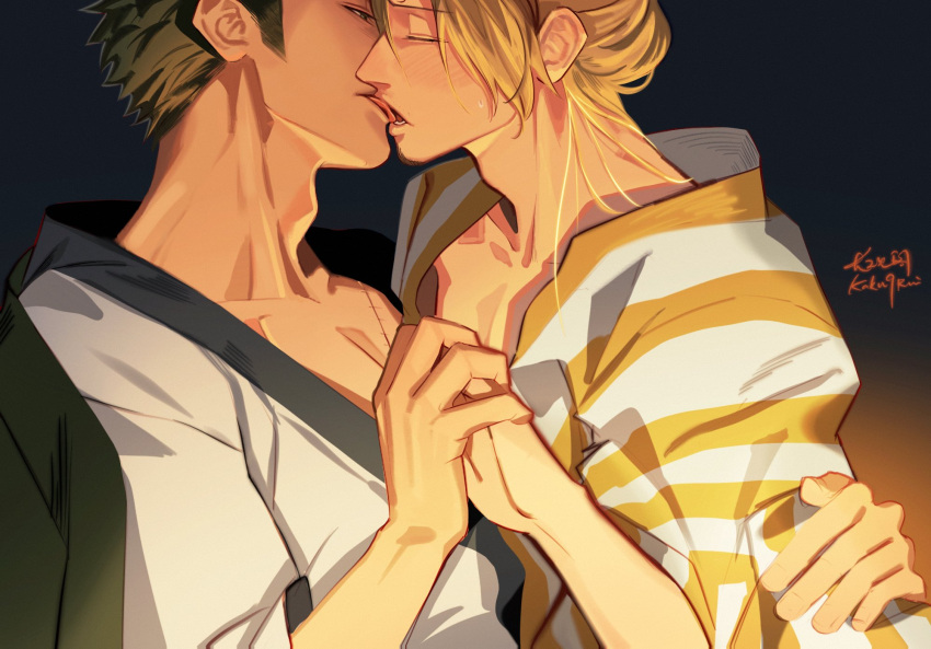 2boys blonde_hair blush couple curly_eyebrows facial_hair from_side goatee green_hair green_kimono hair_over_one_eye half-closed_eyes highres holding_hands japanese_clothes kimono kiss kotomine_(a1569) licking licking_another's_face licking_another's_lips male_focus multiple_boys official_alternate_costume one_piece pectoral_cleavage pectorals roronoa_zoro sanji_(one_piece) short_hair upper_body yaoi yellow_kimono