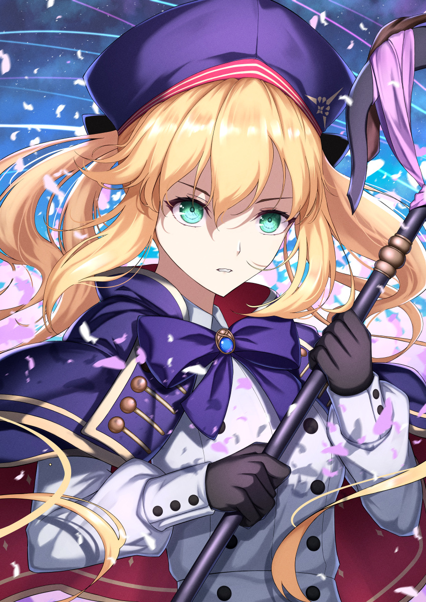 absurdres artoria_caster_(fate) artoria_caster_(second_ascension)_(fate) artoria_pendragon_(fate) bangs beret black_bow black_gloves blonde_hair blue_cloak blue_headwear bow buttons cloak collar collared_shirt fate/grand_order fate_(series) flower gem gloves gold_trim green_eyes hair_bow hat highres holding holding_staff long_hair long_sleeves night night_sky open_mouth ornament petals shirt simple_background sky solo sou_skate714 staff star_(sky) thighhighs