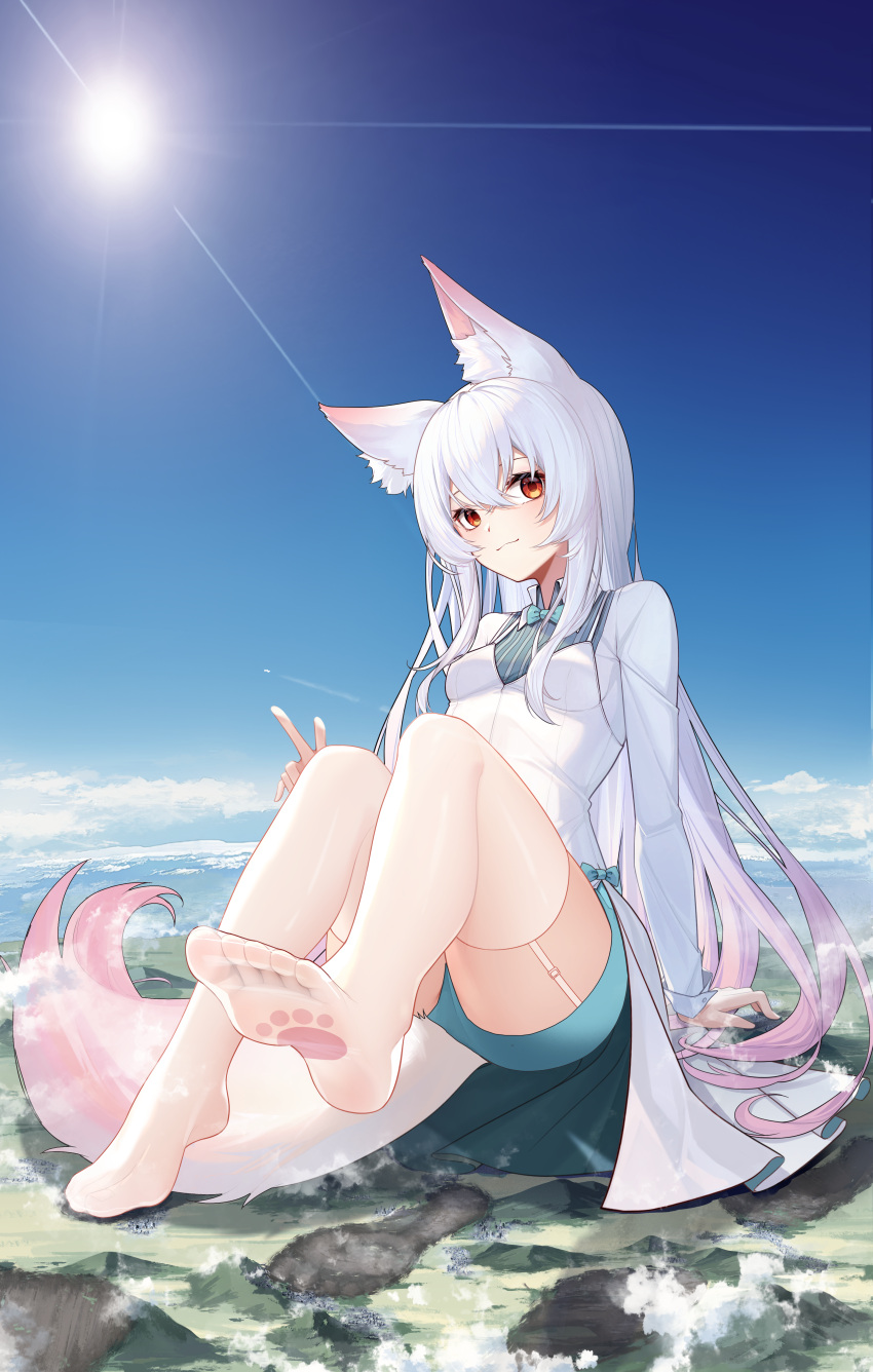 1girl :3 absurdres animal_ear_fluff animal_ears arm_support blue_sky breasts chaoslive cloud collared_dress day destruction dress feet foot_focus foot_up footprints fox_ears fox_girl fox_tail full_body garter_straps giant giantess gradient_hair green_shorts highres long_hair long_sleeves mountain multicolored_hair natalia_(chaoslive) no_shoes official_art on_floor outdoors paw_print paw_print_pattern pink_hair red_eyes shorts side_slit sitting sky solo sun tail thighhighs v virtual_youtuber white_dress white_hair white_thighhighs