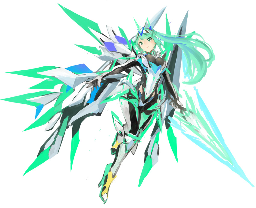 1girl aegis_sword_(xenoblade) armored_boots armored_leotard bangs boots breasts circlet closed_mouth elbow_gloves gloves green_eyes green_hair high_heels holding holding_sword holding_weapon large_breasts pneuma_(xenoblade) ponytail shirt simple_background solo spoilers swept_bangs sword tim_(a9243190a) weapon white_background white_gloves white_shirt xenoblade_chronicles_(series) xenoblade_chronicles_2