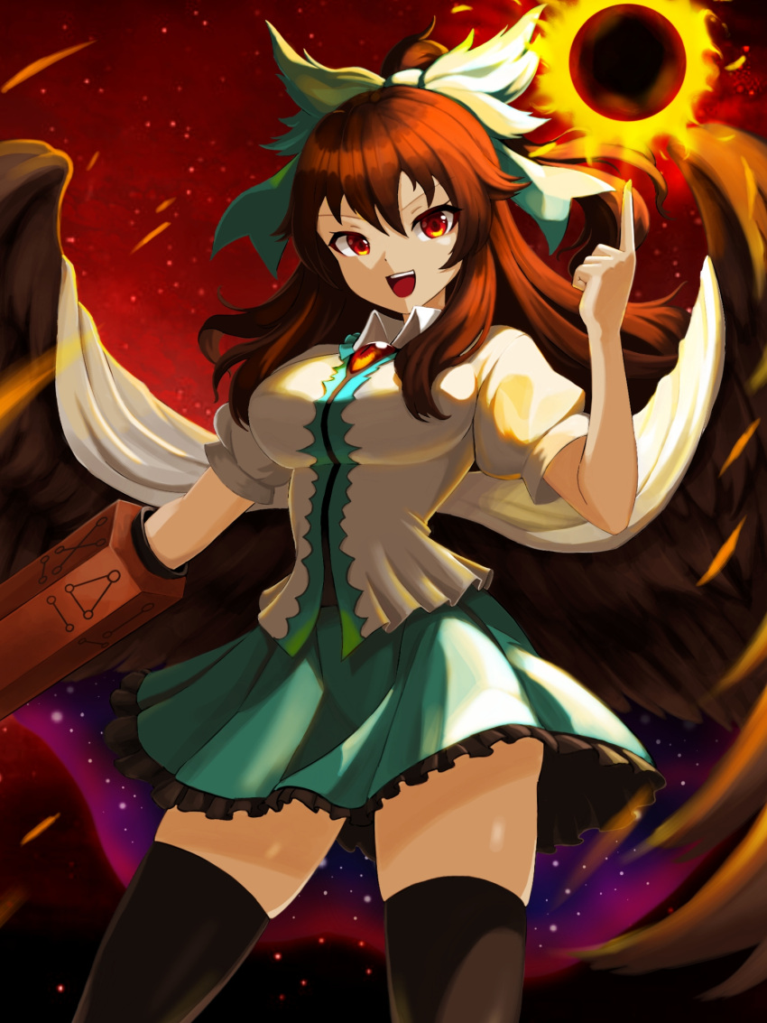 1girl arm_cannon bangs bird_wings black_sun black_thighhighs black_wings bow breasts brown_eyes brown_hair cape chagaun_gim collared_shirt commentary control_rod cowboy_shot frilled_shirt_collar frilled_skirt frills green_bow green_skirt hair_between_eyes hair_bow highres impossible_clothes impossible_shirt large_breasts long_hair looking_at_viewer miniskirt open_mouth pointing pointing_up puffy_short_sleeves puffy_sleeves reiuji_utsuho shirt short_sleeves skindentation skirt smile solo starry_sky_print sun thighhighs third_eye touhou weapon white_cape white_shirt wings zettai_ryouiki