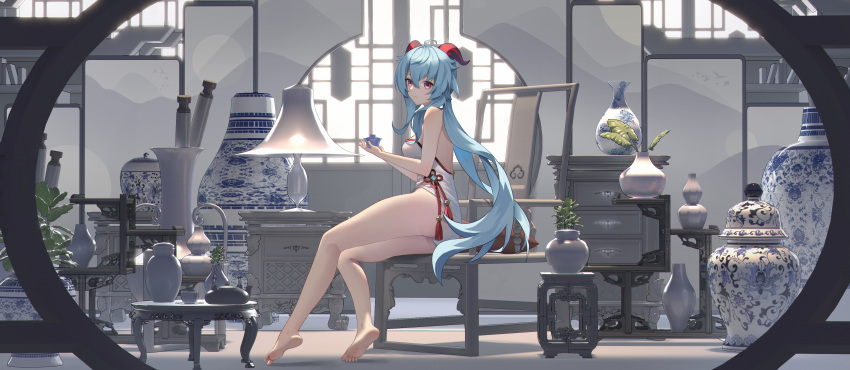 1girl absurdres ahoge alternate_costume ass bangs bare_arms bare_legs bare_shoulders barefoot blue_hair chair china_dress chinese_clothes chinese_knot closed_mouth cup drawer dress feet from_side ganyu_(genshin_impact) genshin_impact goat_horns highres horns indoors lamp lattice long_hair looking_at_viewer on_chair plant potted_plant purple_eyes qianchenyu77 saucer scroll short_dress sidelocks sitting soles solo stool strapless strapless_dress table tassel teacup toes vase vision_(genshin_impact) white_dress wide_shot window