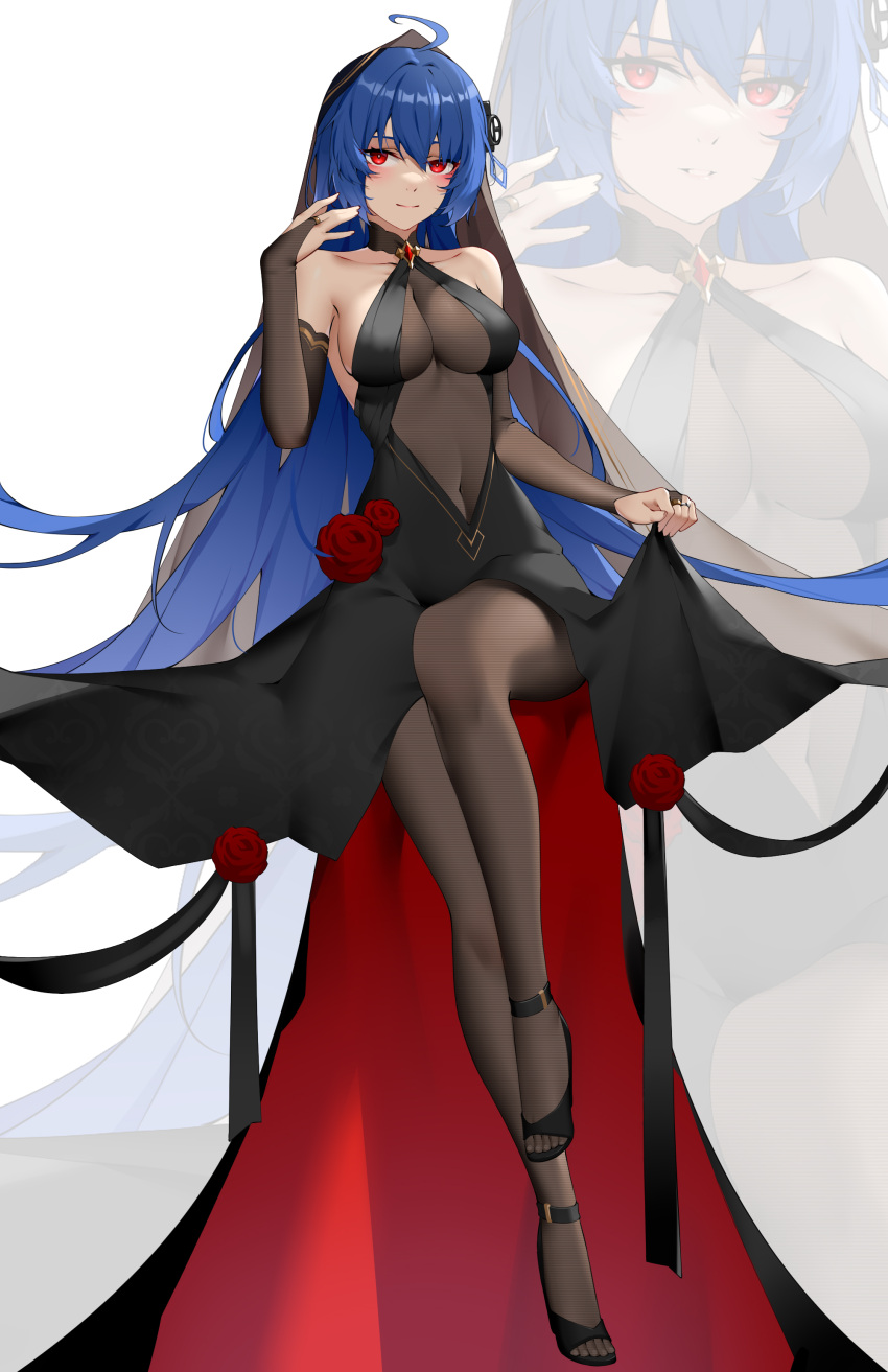 1girl \||/ absurdres ahoge azur_lane bare_shoulders black_dress black_footwear black_pantyhose black_thighhighs blue_hair breasts bridal_gauntlets chinese_commentary cleavage closed_mouth covered_navel dot_nose dress flower full_body hair_between_eyes hair_ornament helena_(azur_lane) high_heels highres hood hood_up large_breasts lifted_by_self long_dress long_hair open_mouth pantyhose red_eyes red_flower red_rose rose simple_background sitting smile solo thighhighs toeless_footwear white_background wsfw