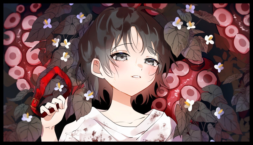 1girl absurdres black_eyes black_hair blush chilcy35 crying crying_with_eyes_open dirty dirty_clothes flower highres holding_belt kuze_shizuka looking_at_viewer shirt short_hair solo suction_cups takopii takopii_no_genzai tears tentacles upper_body white_shirt