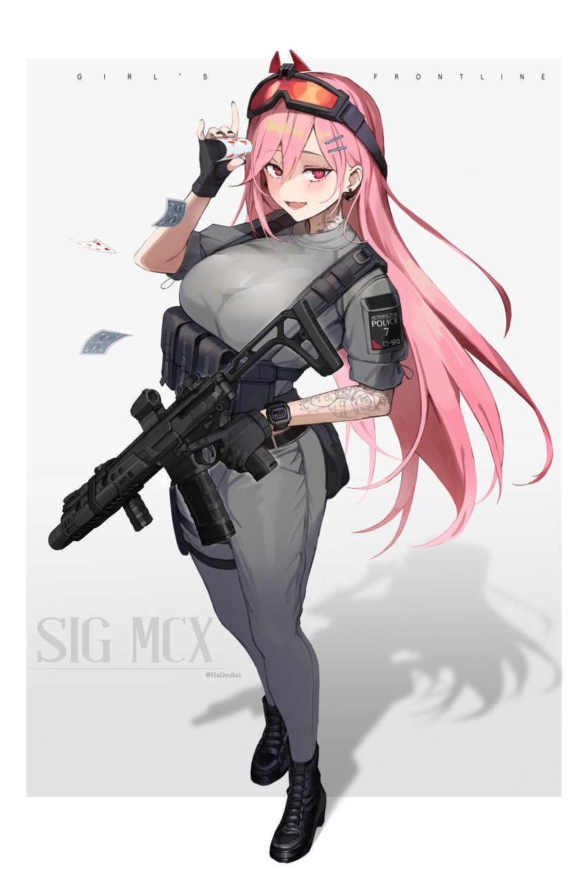 1girl absurdres alternate_costume ammunition_belt ammunition_pouch arm_tattoo arm_up assault_rifle bangs belt beruko14 black_belt black_footwear black_gloves black_nails blush boots breasts card card_game character_name copyright_name earrings eyewear_on_head fang fingerless_gloves full_body girls'_frontline gloves grey_pants grey_shirt gun hair_ornament hairpin highres holding holding_card holding_gun holding_weapon jewelry large_breasts long_hair looking_at_viewer mole mole_under_eye nail_polish neck_tattoo open_mouth pants pink_hair police police_uniform policewoman pouch red_eyes rifle safety_glasses shadow shirt sig_mcx_(girls'_frontline) sig_sauer_mcx sleeves_rolled_up smile solo spade_(shape) spade_earrings standing tactical_clothes tattoo twitter_username uniform watch weapon white_background wristwatch