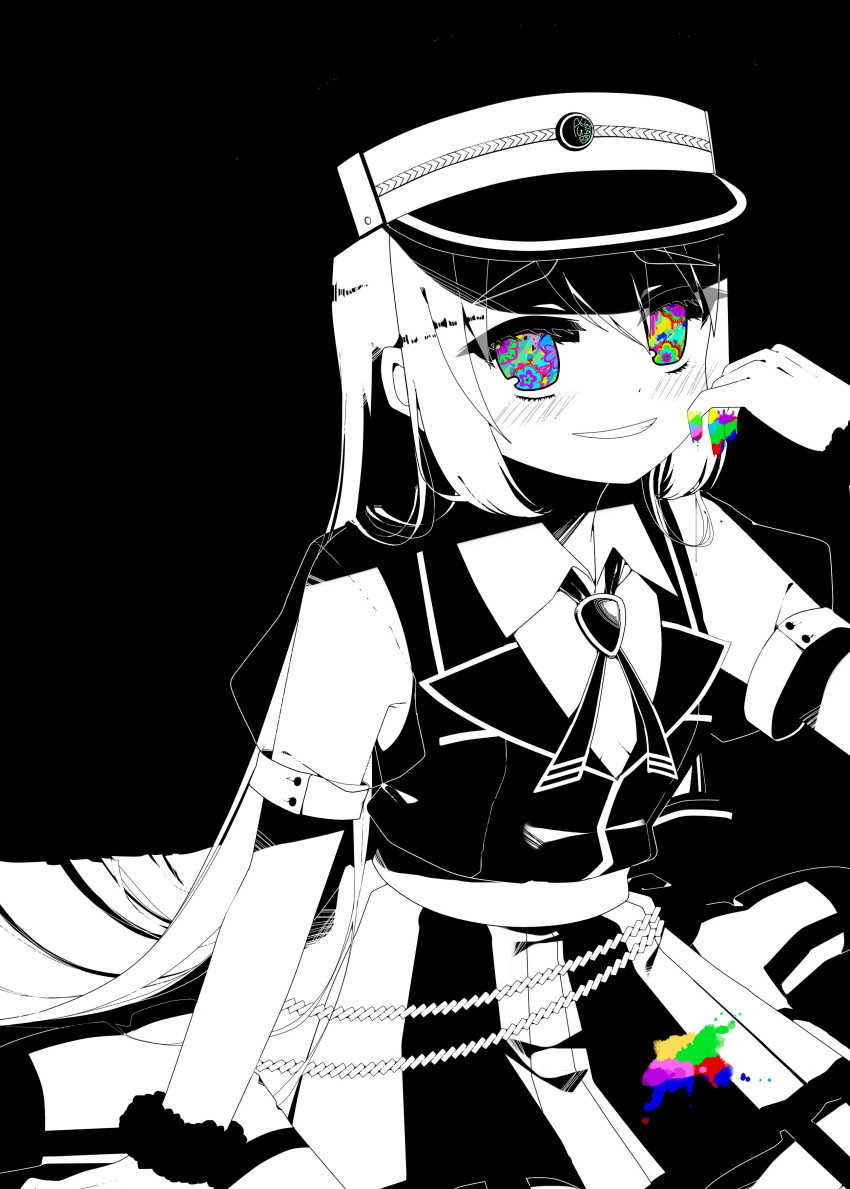 1girl absurdres alina_gray amane_hikari black_bow black_headwear black_necktie black_vest blunt_ends bow brooch chain collar cross_tie detached_collar fur_cuffs hair_between_eyes hat highres jewelry lapels long_hair looking_at_viewer magia_record:_mahou_shoujo_madoka_magica_gaiden magical_girl mahou_shoujo_madoka_magica necktie notched_lapels old_dorothy open_mouth partially_colored peaked_cap pleated_skirt puffy_short_sleeves puffy_sleeves short_sleeves sidelocks sitting skirt sleeve_cuffs smile solo straight_hair v-neck very_long_hair vest waist_bow white_collar white_sleeves