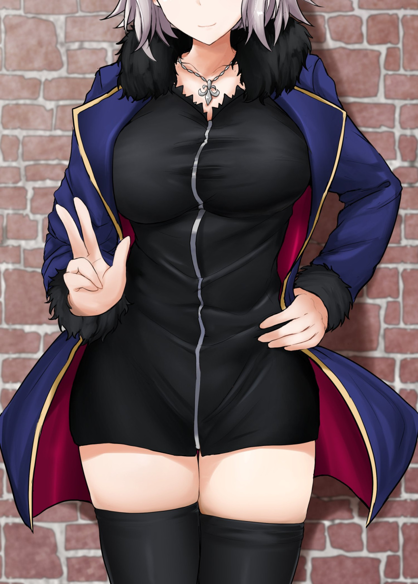 1girl black_dress blue_jacket breasts brick_wall collarbone dress fate/grand_order fate_(series) fur-trimmed_jacket fur_trim grey_hair hand_on_hip head_out_of_frame highres jacket jeanne_d'arc_alter_(fate) large_breasts medium_hair over-kneehighs poshi_(ginmokusei) smile solo thighhighs w zettai_ryouiki