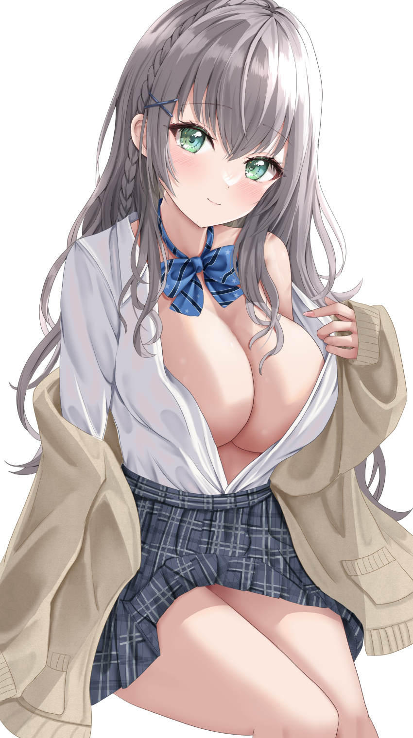 1girl absurdres bangs blue_bow blue_bowtie blush bow bowtie braid breasts brown_cardigan cardigan cleavage closed_mouth commentary_request cowboy_shot green_eyes grey_hair grey_skirt hair_ornament highres hololive large_breasts long_hair long_sleeves looking_at_viewer off_shoulder open_cardigan open_clothes open_shirt pleated_skirt school_uniform shirogane_noel shirt shirt_tucked_in sidelocks simple_background single_bare_shoulder sitting skirt sleeves_past_wrists smile striped striped_bow striped_bowtie thighs uni_ikura virtual_youtuber white_background white_shirt x_hair_ornament