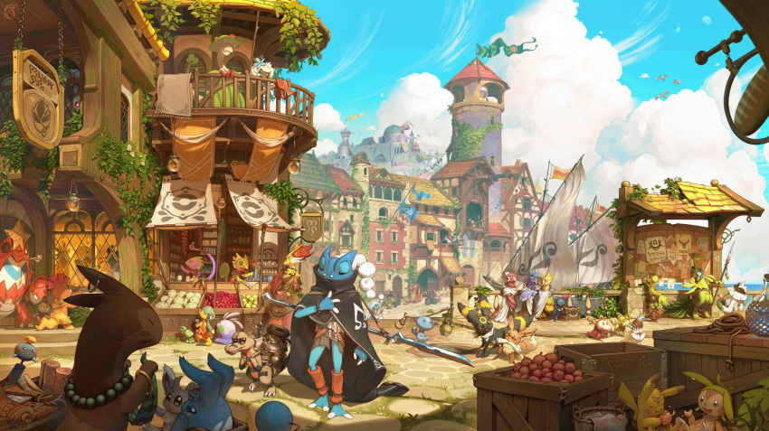 ambiguous_gender awning azumarill balcony barrel basket boat bottle breloom building bulletin_board charizard chespin chimecho city cityscape clothing cloud container crate crawdaunt delphox duskull eevee eeveelution feral flags food frogadier fuecoco furret generation_1_pokemon generation_2_pokemon generation_3_pokemon generation_4_pokemon generation_5_pokemon generation_6_pokemon generation_7_pokemon generation_9_pokemon goomy group helioptile hi_res jewelry joltik jug kecleon krokorok lighthouse melee_weapon minccino necklace nintendo observatory oricorio petilil pikachu plant pokemon pokemon_(species) pokemon_mystery_dungeon polearm quagsire quaxly rope sailing_boat sailing_watercraft scarf sceptile scrafty scraggy scroll sea sign sneasel snivy snover spacejunk spear sprigatito store town treasure_chest tunic umbreon vehicle video_games water watercraft weapon whimsicott wigglytuff window wooper