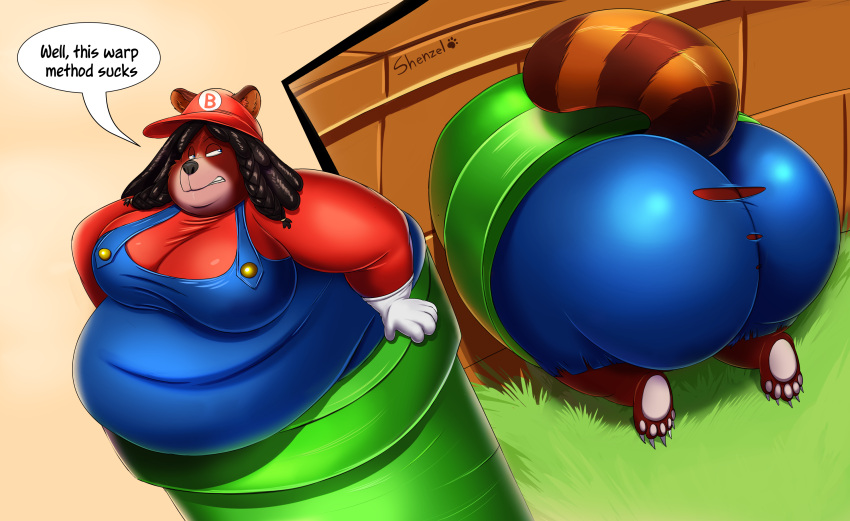 2022 anthro baldur_(shenzel) barefoot belly big_belly big_butt blue_overalls brick_wall butt clenched_teeth clothed clothing dialogue feet female fur gloves grass hair handwear hat headgear headwear hi_res looking_back mammal mario_bros multiple_images narrowed_eyes nintendo obese obese_anthro obese_female overalls overweight overweight_anthro overweight_female paws pipe plant raised_tail red_clothing red_hat red_headwear red_shirt red_topwear shenzel shirt signature solo speech_bubble stuck tanuki_tail teeth text topwear torn_clothing ursid video_games wall_(structure)