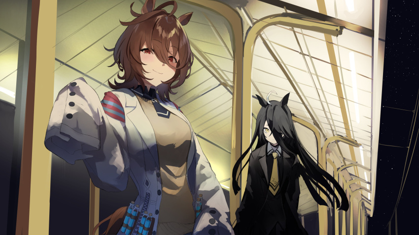 2girls absurdres agnes_tachyon_(umamusume) ahoge animal_ears bangs black_hair black_jacket black_necktie black_shirt blush brown_hair collared_shirt cork empty_eyes hair_between_eyes highres horse_ears horse_girl jacket labcoat long_bangs long_hair looking_at_viewer manhattan_cafe_(umamusume) multiple_girls necktie pale_skin red_eyes shirt short_hair sleeves_past_fingers sleeves_past_wrists smile sweater sweater_vest test_tube train_station_platform umamusume uouokuma white_hair yellow_eyes yellow_necktie yellow_sweater