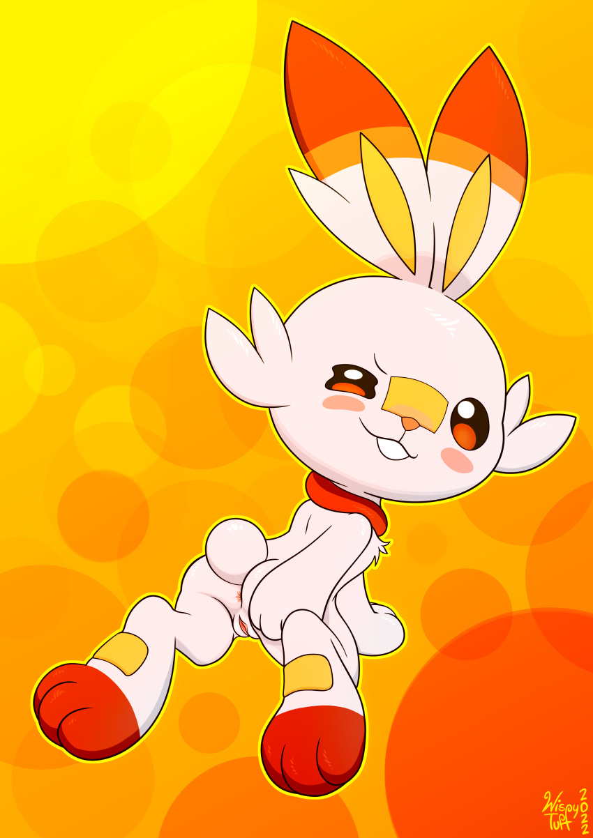 absurd_res anthro anus blush butt female generation_8_pokemon genitals hi_res looking_at_viewer nintendo pokemon pokemon_(species) pussy red_eyes scorbunny solo video_games white_body wispytuft