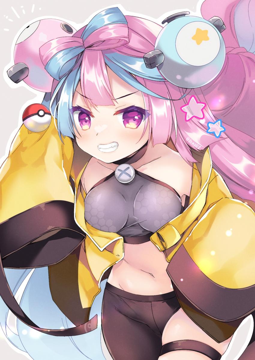 1girl ball bow-shaped_hair character_hair_ornament hair_ornament hexagon_print highres holding holding_ball holding_poke_ball iono_(pokemon) jacket long_hair low-tied_long_hair multicolored_hair navel poke_ball poke_ball_(basic) pokemon pokemon_(game) pokemon_sv purinpurin sharp_teeth sleeves_past_fingers sleeves_past_wrists solo split-color_hair teeth very_long_sleeves x yellow_jacket