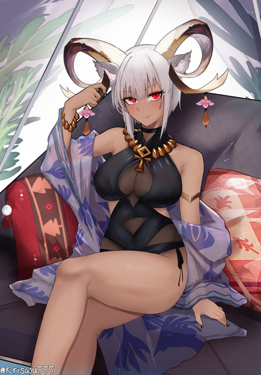 1girl animal_ear_fluff animal_ears arknights arm_support arm_up bangs bare_legs bare_shoulders black_nails black_one-piece_swimsuit blush bracelet breasts carnelian_(arknights) carnelian_(shining_dew)_(arknights) cleavage closed_mouth couch cross cross_necklace crossed_legs dark-skinned_female dark_skin feet_out_of_frame highres holding_ticket horns jewelry large_breasts legs lips looking_at_viewer nail_polish necklace official_alternate_costume on_couch one-piece_swimsuit pillow red_eyes short_hair simple_background sitting smile solo swimsuit thighs twitter_username white_hair wuwuwu_(kriswu555)