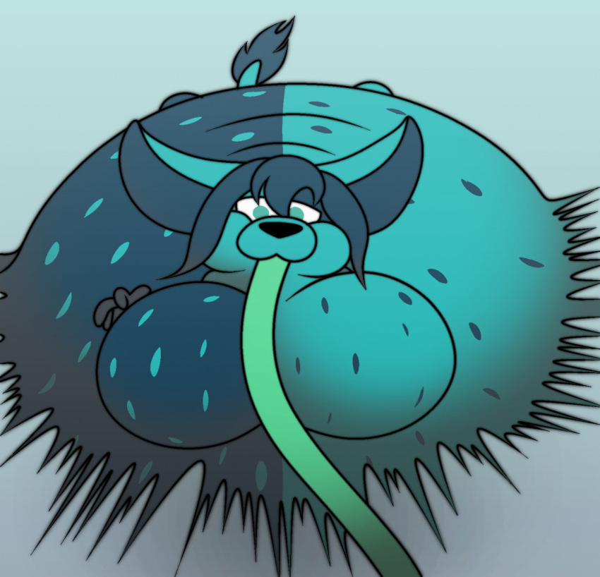anthro belly big_belly big_breasts biped blue_body blue_hair breasts female foxball fur hair hi_res hose hose_in_mouth hose_inflation huge_breasts hyper hyper_belly hyper_breasts inflation lying nude popping simple_background solo