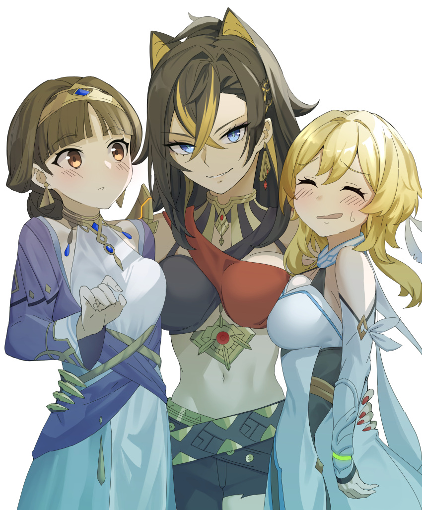 3girls ^_^ absurdres bangs belt black_belt blonde_hair blue_eyes blunt_bangs blush breasts brown_eyes brown_hair closed_eyes commentary cowboy_shot criss-cross_halter dehya_(genshin_impact) detached_sleeves dress dunyarzad_(genshin_impact) earrings genshin_impact hairband halterneck highres jewelry large_breasts long_hair long_sleeves looking_at_another looking_at_viewer lumine_(genshin_impact) midriff multicolored_hair multiple_girls nail_polish navel parted_lips pointy_hair red_nails simple_background standing stomach streaked_hair white_background white_dress yamabuki7979