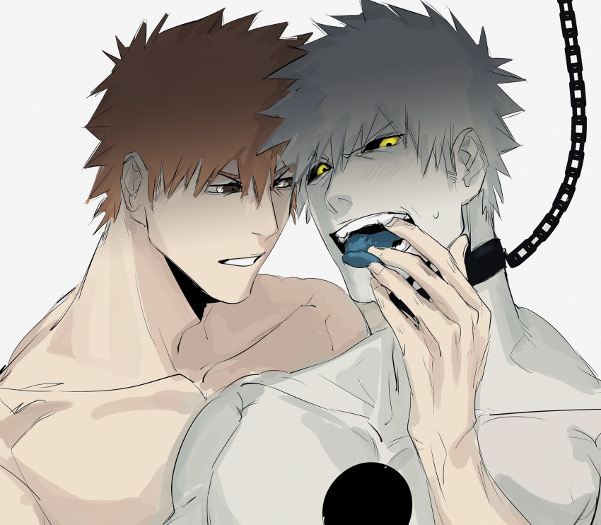 2boys asure_(asure_twi) black_sclera bleach blue_tongue blush chain collar colored_sclera colored_tongue commentary grey_hair highres hollow_ichigo kurosaki_ichigo looking_at_another looking_at_viewer male_focus multiple_boys muscular muscular_male open_mouth orange_hair pale_skin parted_lips short_hair symbol-only_commentary teeth tongue topless_male yaoi yellow_eyes