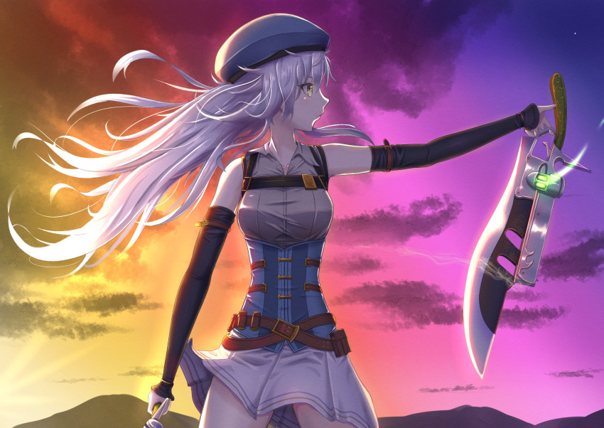 1girl beret dual_wielding eiyuu_densetsu elbow_gloves fie_claussell floating_hair gloves gunblade hat highres holding holding_weapon kuro_no_kiseki long_hair skirt solo sunset weapon white_hair witch_f yellow_eyes