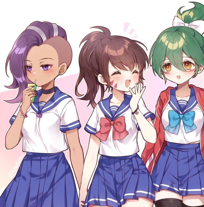 3girls asymmetrical_hair blue_ribbon bow collarbone d.va_(overwatch) earrings highres jewelry juice_box kaoruru_(sakuno2911) kiriko_(overwatch) multiple_girls neck_ribbon open_mouth overwatch overwatch_2 ponytail red_bow red_ribbon red_sweater ribbon school_uniform skirt sombra_(overwatch) sweater white_bow