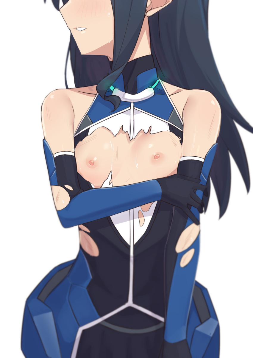 1girl alice_gear_aegis blue_hair blush bodysuit breasts gloves head_out_of_frame highres holding_own_arm koashi_mutsumi long_hair morisobo nipples simple_background small_breasts solo torn_bodysuit torn_clothes white_background