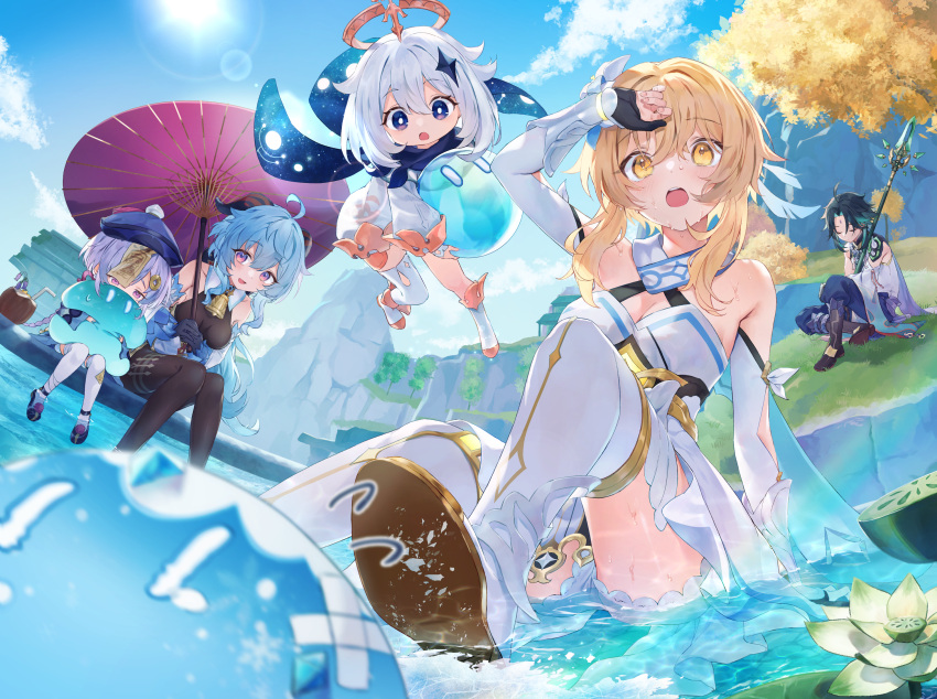 1boy 4girls ahoge aqua_hair arm_at_side arm_up arms_up asymmetrical_legwear bandages bangs bare_shoulders bell black_bodysuit black_footwear blonde_hair blue_gloves blue_hair blue_pants blurry blurry_foreground bodysuit bokeh braid breasts charm_(object) cleavage closed_eyes closed_mouth cloud coconut commentary crossed_legs crying crying_with_eyes_open curled_fingers depth_of_field detached_sleeves dot_nose dress drinking_straw facial_mark female_child floating flying_sweatdrops food forehead_mark fruit full_body ganyu_(genshin_impact) genshin_impact gintama_10102 gloves goat_horns gold_trim hair_between_eyes halo hat highres holding holding_polearm holding_umbrella holding_weapon horns hug injury jiangshi knees_together_feet_apart lily_pad long_hair looking_at_another lumine_(genshin_impact) medium_breasts medium_hair melon mountain multiple_girls neck_bell ofuda oil-paper_umbrella open_mouth outdoors paimon_(genshin_impact) pants parted_bangs polearm purple_eyes purple_hair qiqi_(genshin_impact) rainbow shadow shy sitting slime_(genshin_impact) spear sun sweat tears teeth thighhighs thighs tree umbrella uneven_legwear upper_teeth weapon white_dress white_hair white_thighhighs xiao_(genshin_impact) yellow_eyes yen