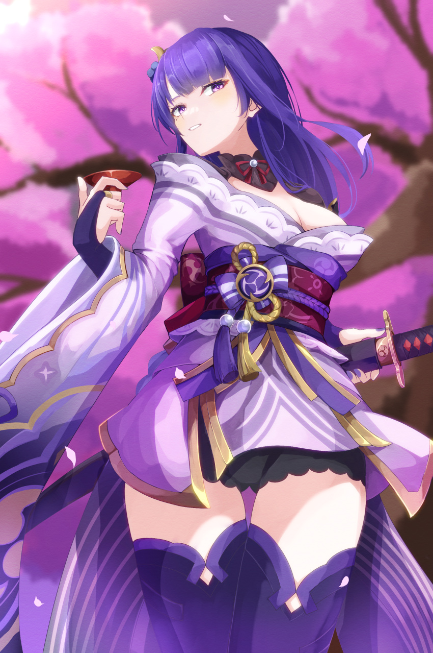 1girl absurdres bangs black_thighhighs blurry blurry_background breasts bridal_gauntlets cleavage commentary_request day depth_of_field ekusera flower genshin_impact hand_up highres holding holding_sheath japanese_clothes katana kimono medium_breasts nail_polish obi off_shoulder outdoors petals pink_flower purple_eyes purple_hair purple_kimono purple_nails raiden_shogun sash sheath sheathed solo sword thighhighs tree weapon