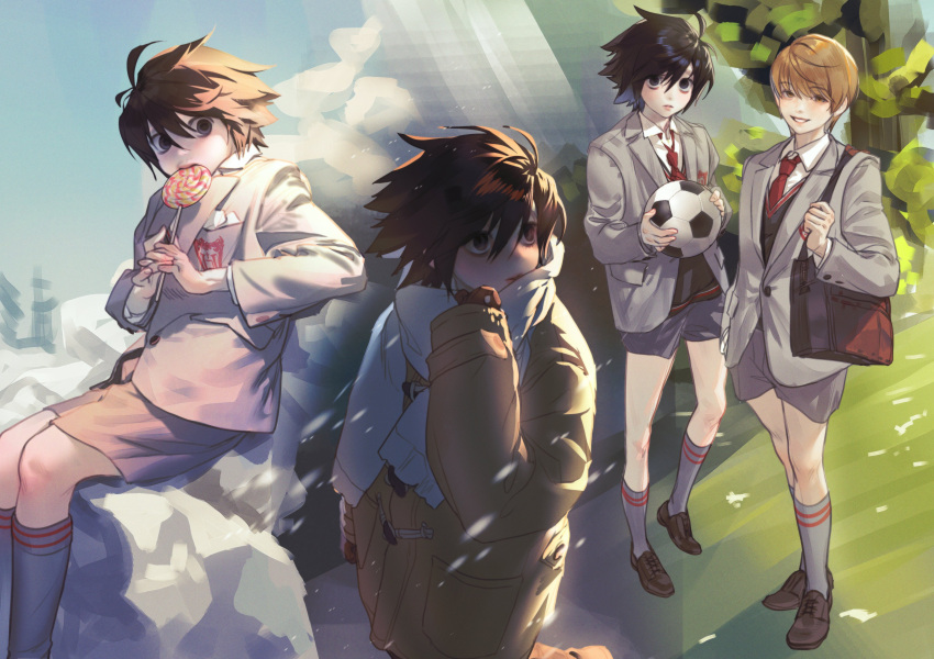 2boys absurdres ball black_hair brown_footwear brown_hair candy coat collared_shirt death_note food full_body grass grey_jacket grey_shorts hair_between_eyes highres holding holding_ball holding_candy holding_food holding_lollipop jacket jnkku l_(death_note) lollipop male_child male_focus multiple_boys necktie outdoors red_necktie scarf school_uniform shirt short_hair shorts soccer_ball white_scarf white_shirt winter_clothes winter_coat yagami_light