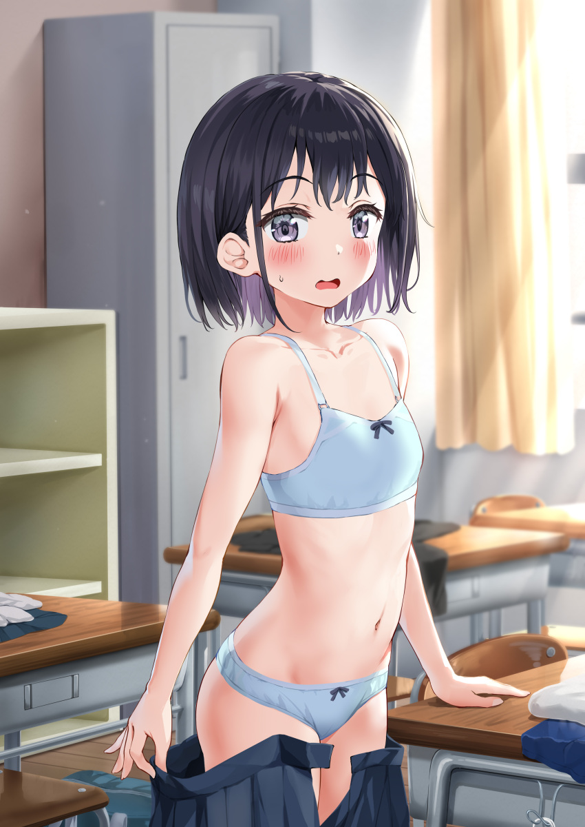 1girl absurdres bare_arms bare_shoulders black_hair black_skirt blue_bra blue_panties bow bow_bra bow_panties bra breasts chair clothes_pull collarbone commentary_request curtains desk grey_eyes highres indoors locker looking_at_viewer multicolored_hair navel nedia_(nedia_region) open_clothes open_mouth open_skirt original panties pleated_skirt purple_hair school_chair school_desk short_hair skirt skirt_pull small_breasts solo standing sweat two-tone_hair underwear wavy_mouth window