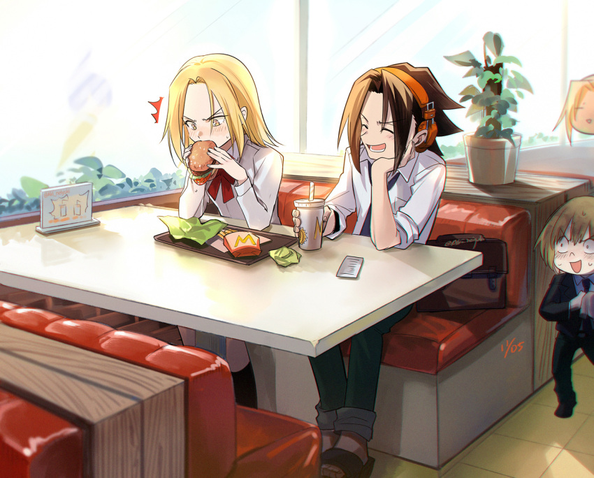 1girl 2boys aki_(neyuki41028) asakura_you black_pants black_socks blonde_hair blue_necktie blush bow bowtie breast_pocket brown_hair burger closed_eyes collared_shirt dress_shirt eating food hairband head_rest headphones kneehighs kyouyama_anna long_hair long_sleeves multiple_boys necktie open_mouth orange_hairband oyamada_manta pants pocket red_bow red_bowtie shaman_king shirt sitting socks straight_hair sweatdrop white_shirt wing_collar yellow_eyes